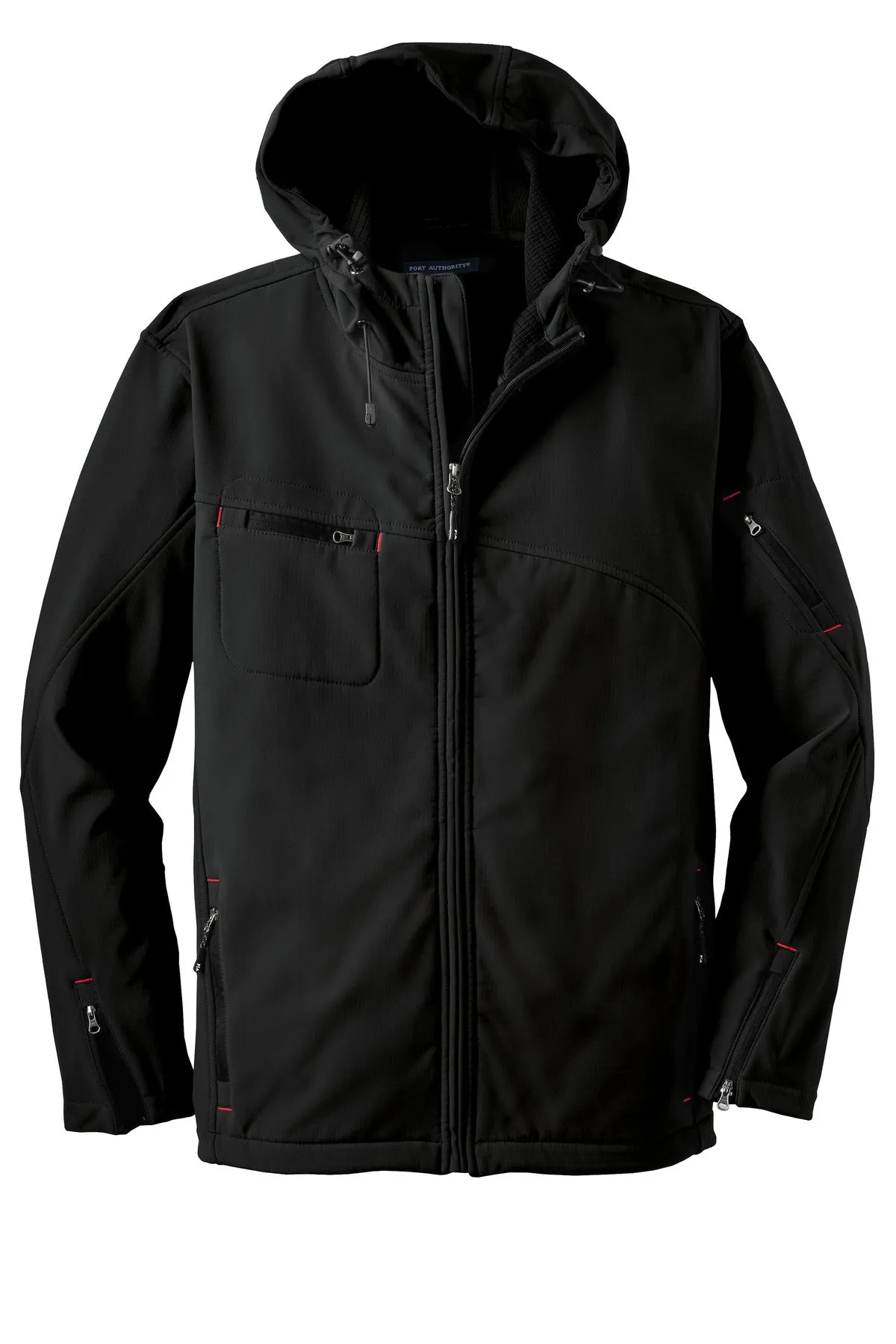 Port Authority Textured Hooded Soft Shell Jacket. J706 Black/ Engine Red