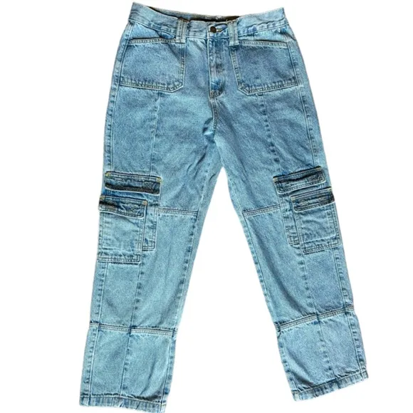 Princess Polly Lioness High Waist Denim Cargo Jeans Baggy Ankle Size 32