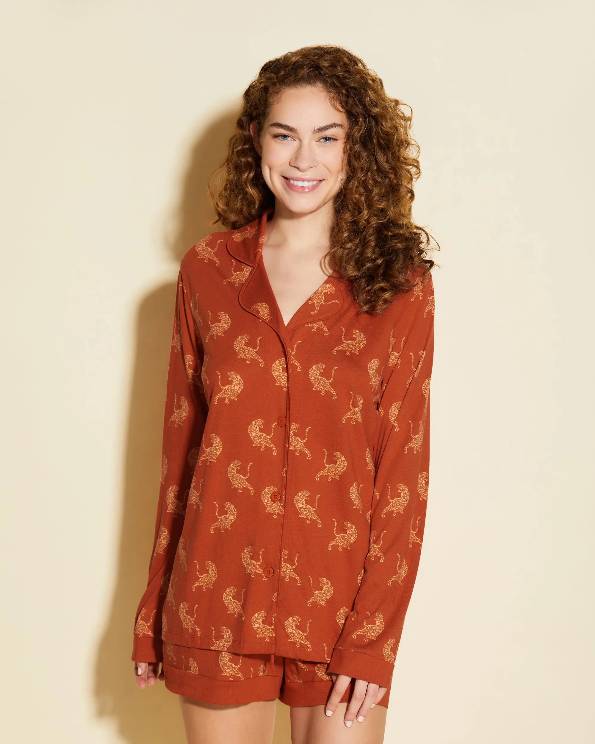 Printed Long Sleeve Top & Boxer Pajama Set