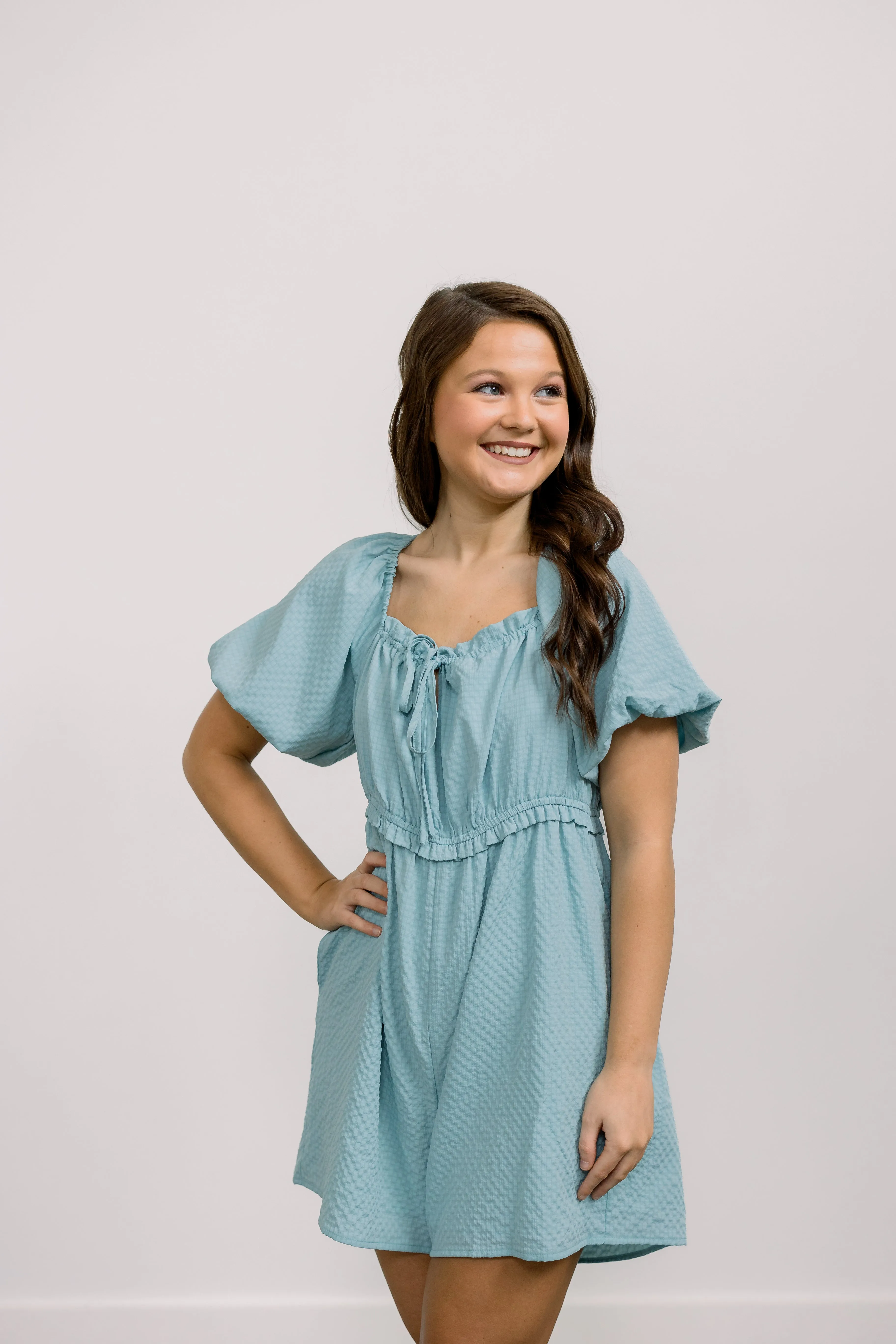 Puff Sleeve Babydoll Romper (Seafoam)
