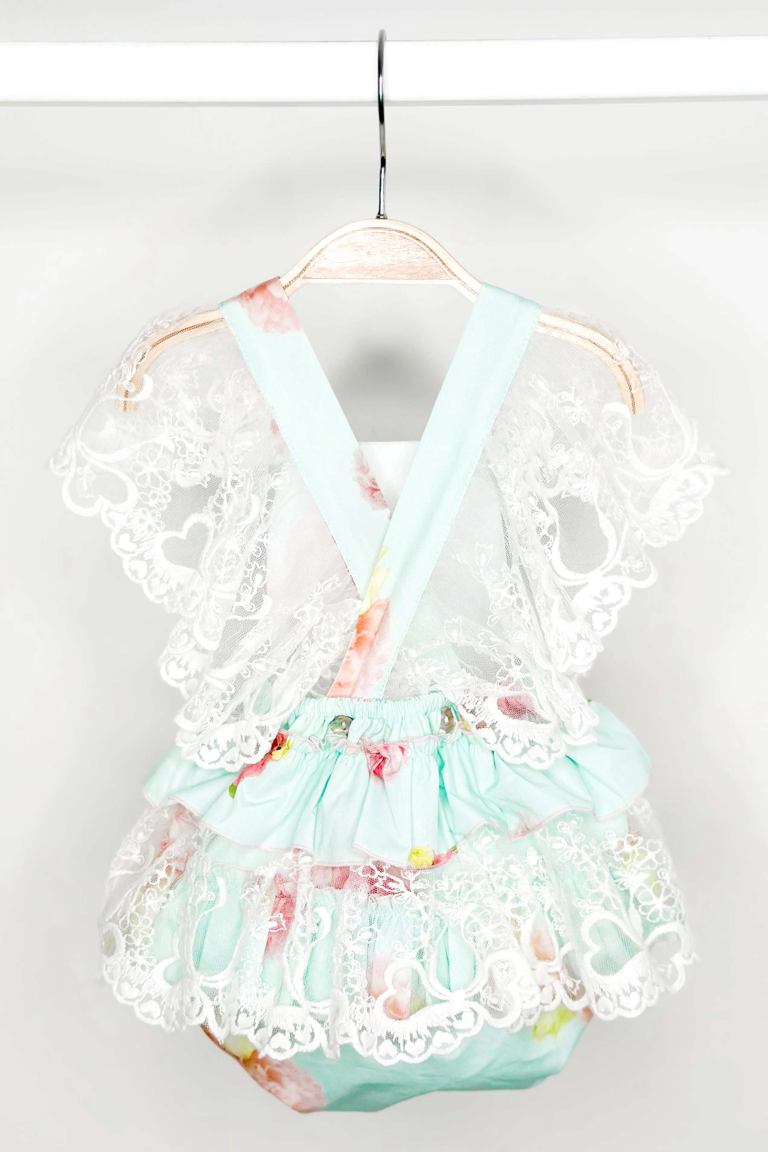"Peaches" Aquamarine Pink Peony Lace Dungaree Romper