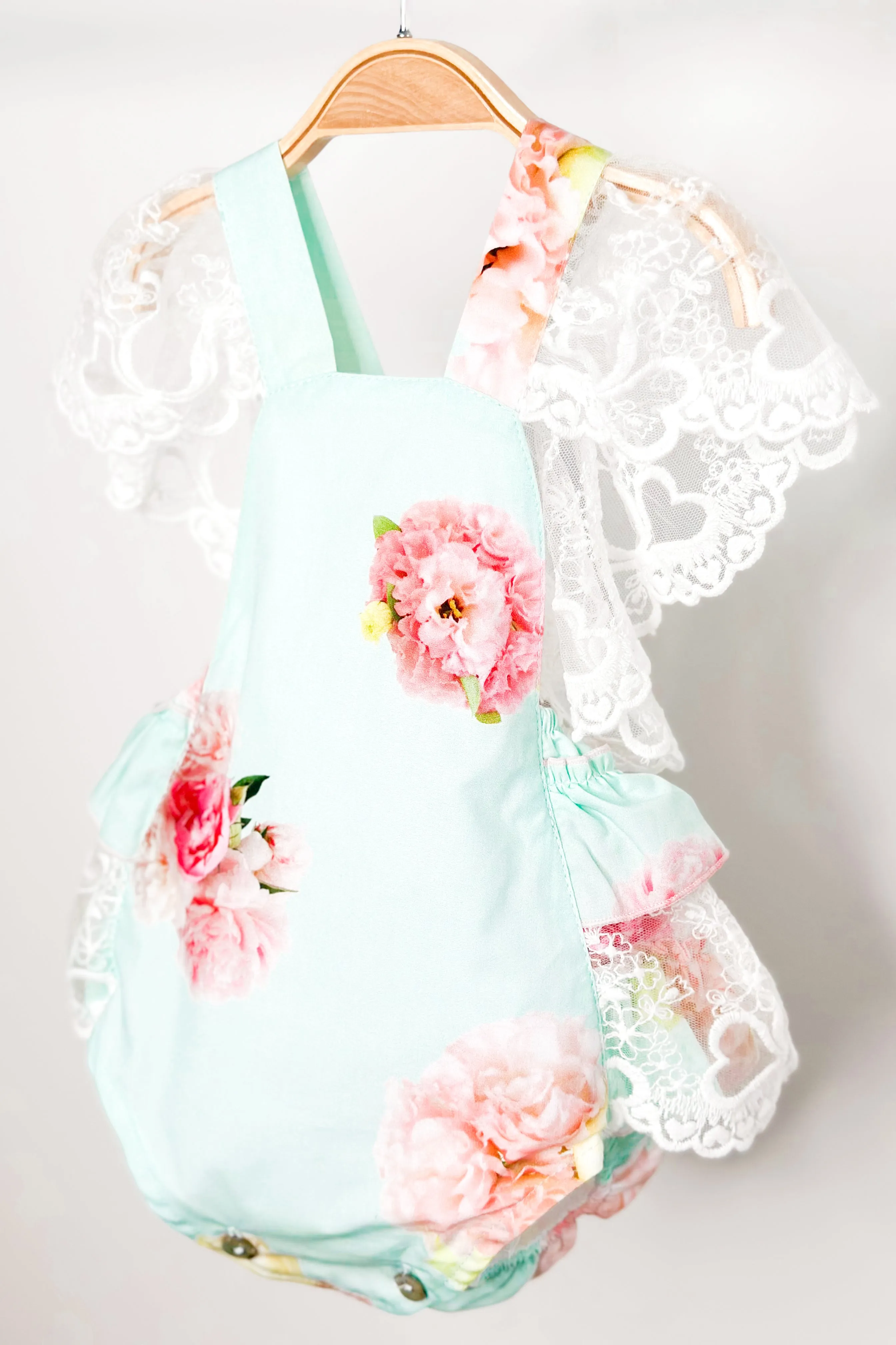 "Peaches" Aquamarine Pink Peony Lace Dungaree Romper