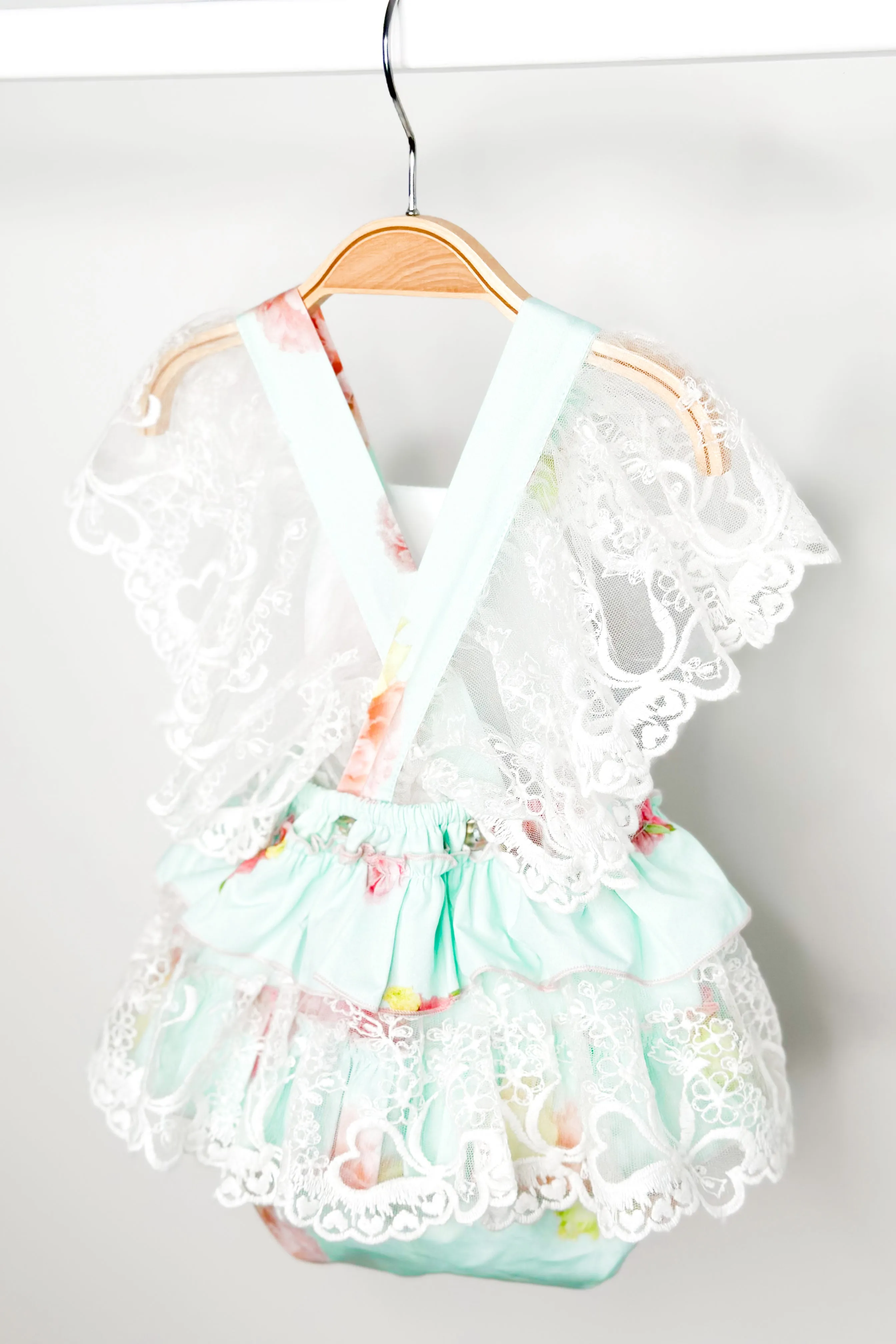 "Peaches" Aquamarine Pink Peony Lace Dungaree Romper