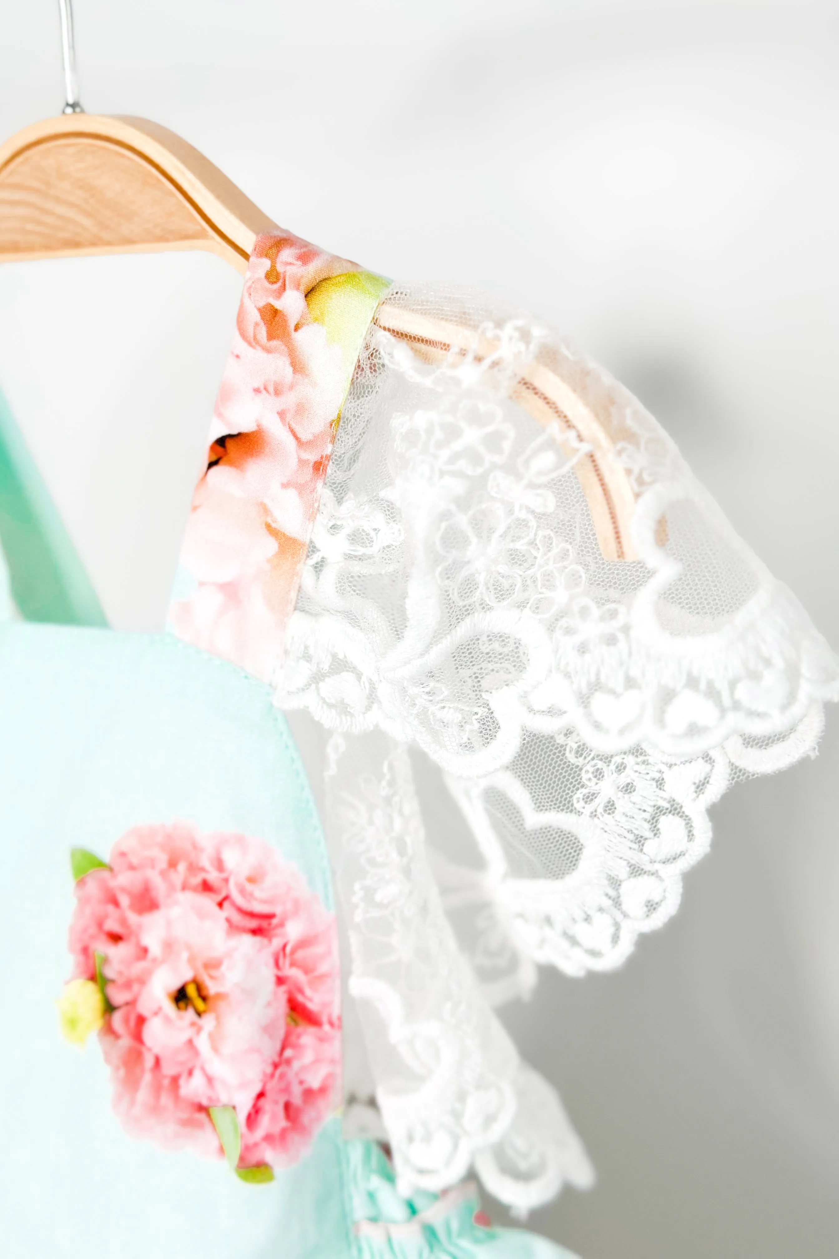 "Peaches" Aquamarine Pink Peony Lace Dungaree Romper