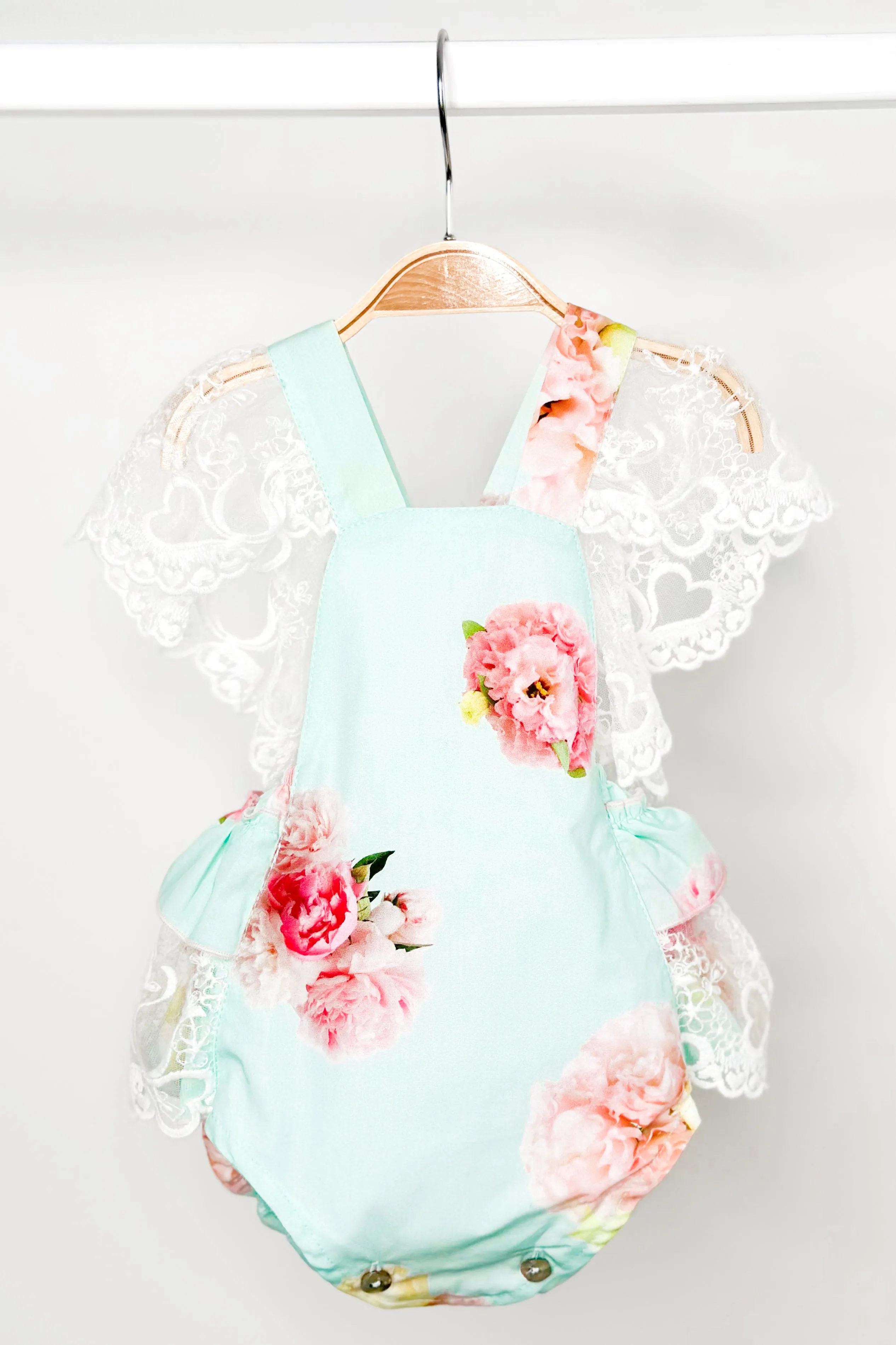 "Peaches" Aquamarine Pink Peony Lace Dungaree Romper