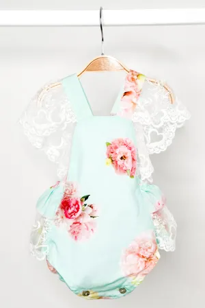 "Peaches" Aquamarine Pink Peony Lace Dungaree Romper