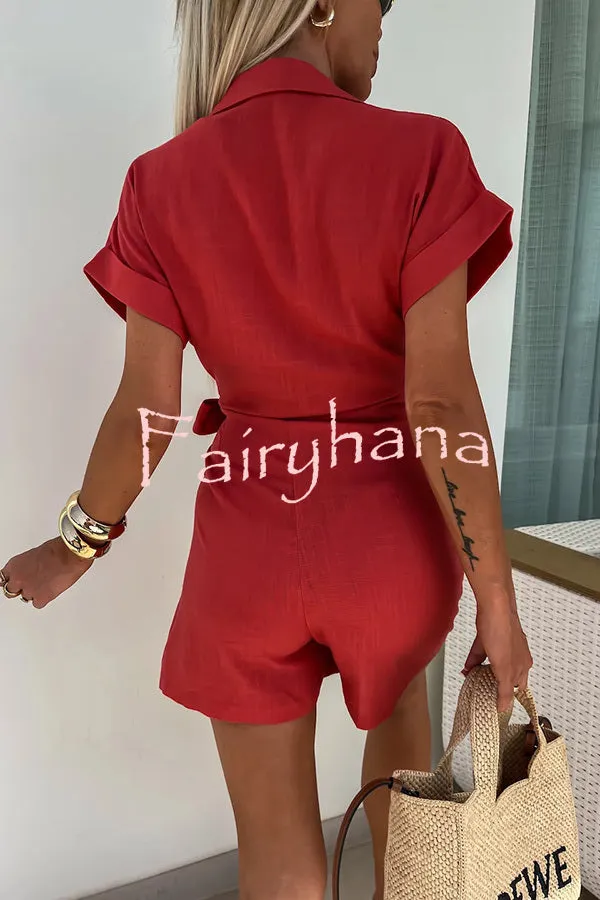 Relaxing Beach Linen Blend Solid Color Wrap Loose Shirt Romper