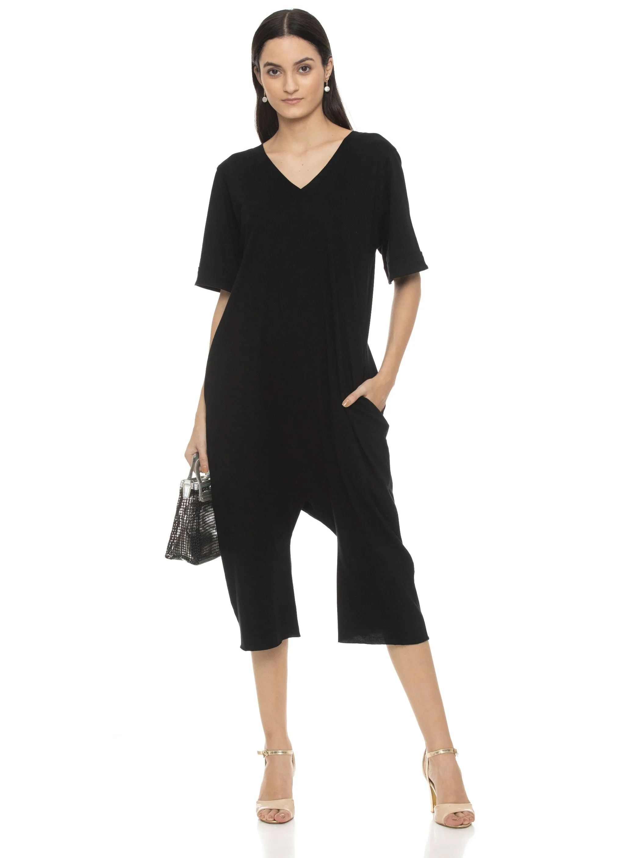 RESTORE LONG ROMPER WITH SHORT SLEEVE (BLACK)