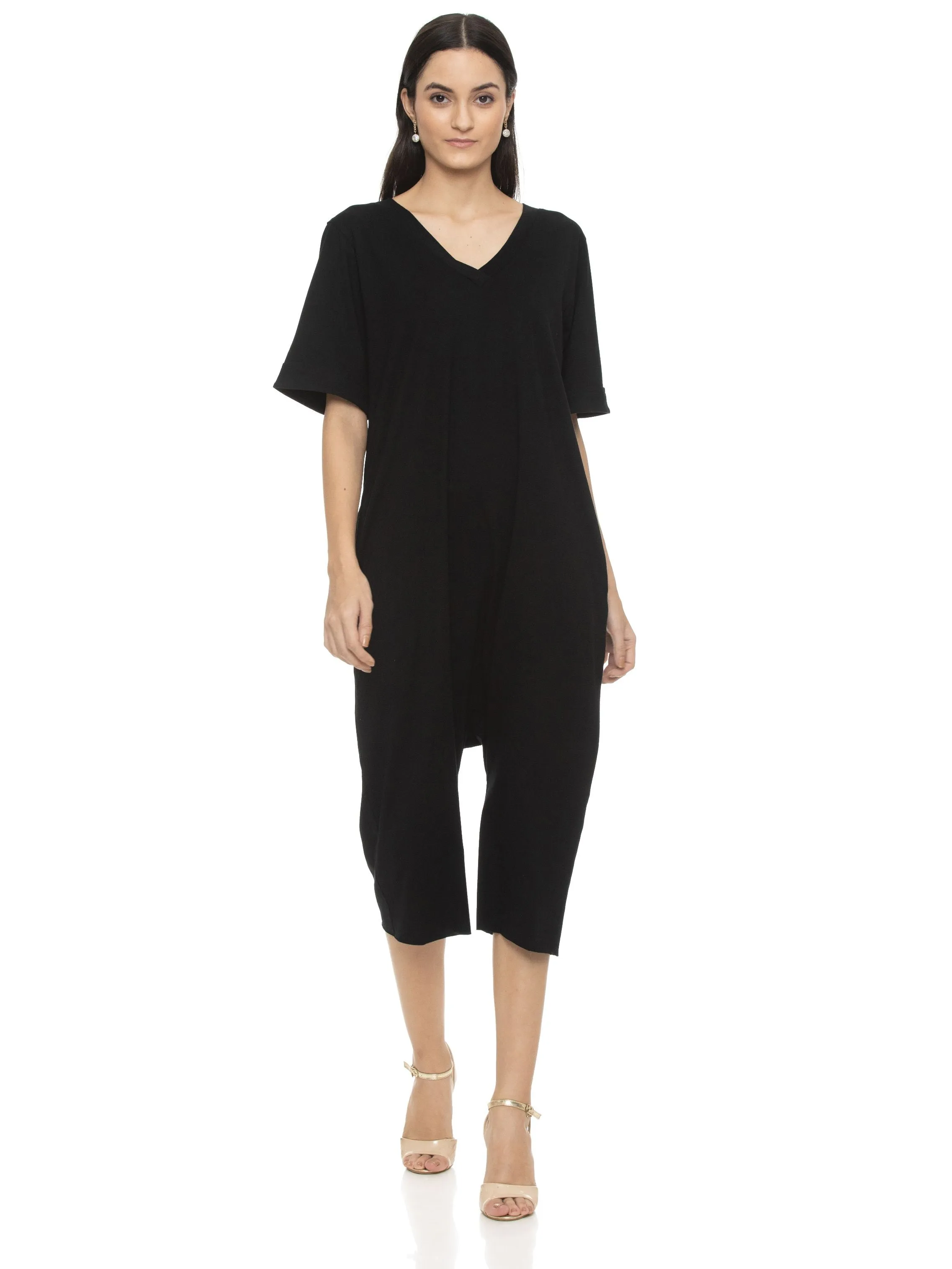 RESTORE LONG ROMPER WITH SHORT SLEEVE (BLACK)