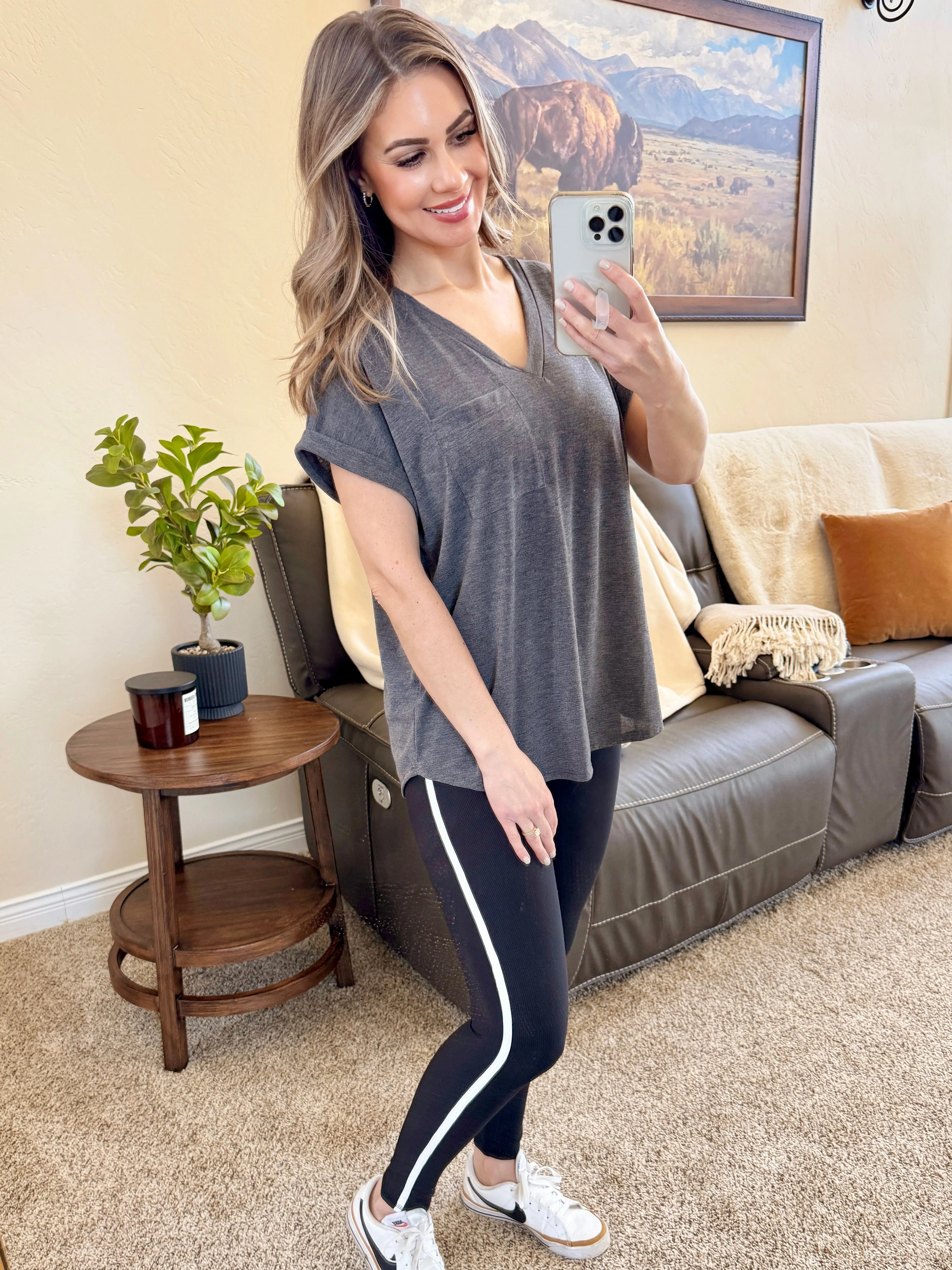 Ribbed Leggings with White Stripe