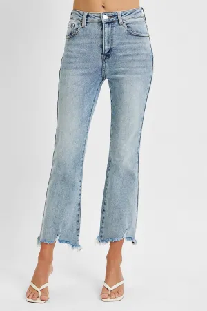 Risen High Rise Crop Flare Frayed Jeans
