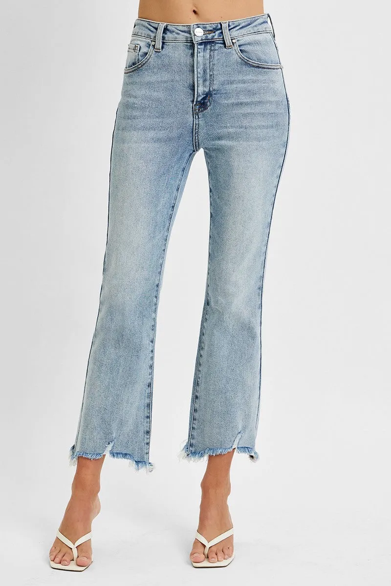 Risen High Rise Crop Flare Frayed Jeans