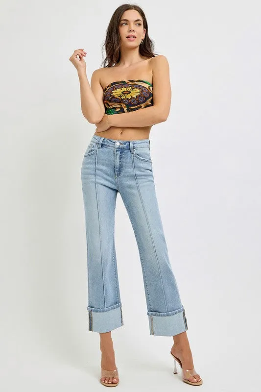 Risen Jeans High Rise Ankle Straight Wide Cuffed Jeans