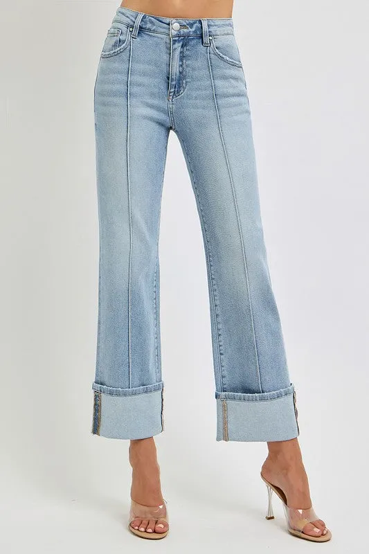 Risen Jeans High Rise Ankle Straight Wide Cuffed Jeans