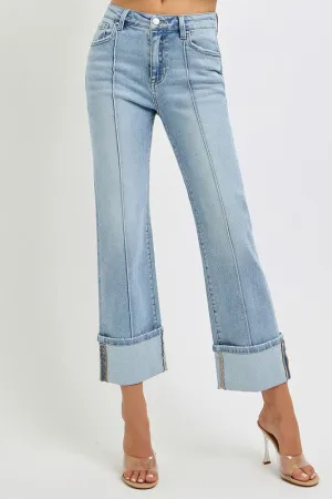 Risen Jeans High Rise Ankle Straight Wide Cuffed Jeans