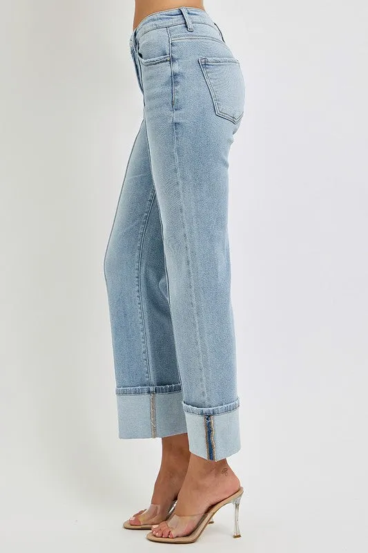 Risen Jeans High Rise Ankle Straight Wide Cuffed Jeans