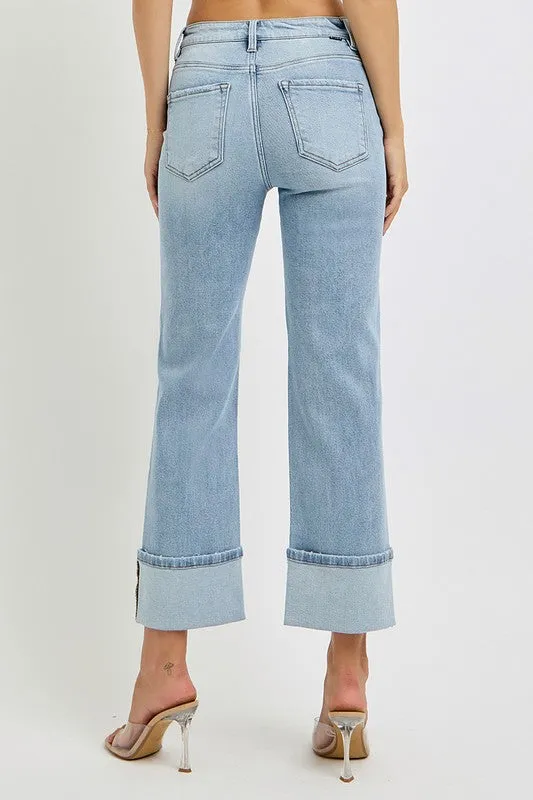 Risen Jeans High Rise Ankle Straight Wide Cuffed Jeans