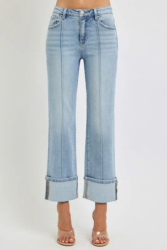 Risen Jeans High Rise Ankle Straight Wide Cuffed Jeans