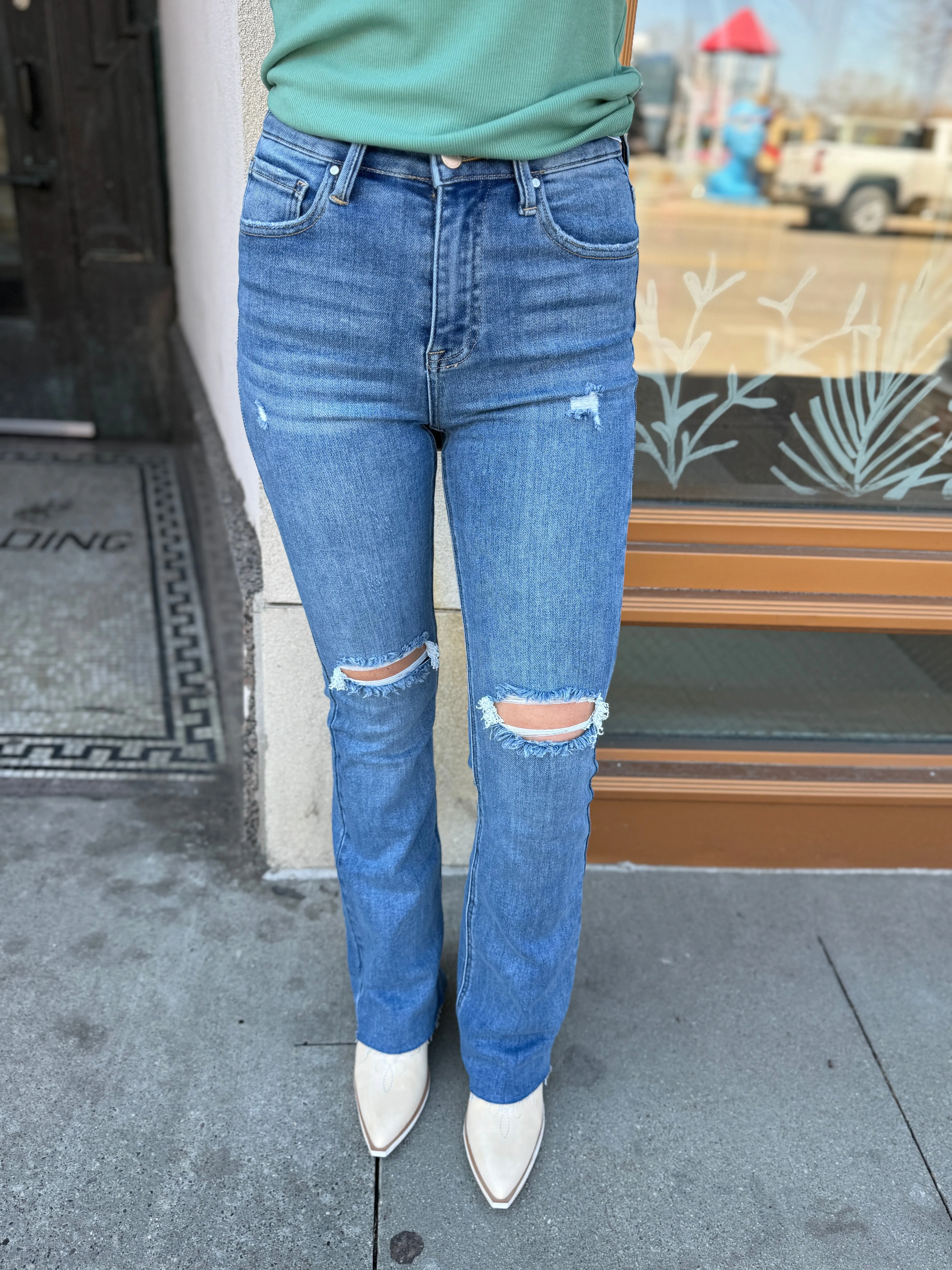 Risen Medium Wash Destructed Flare Jeans