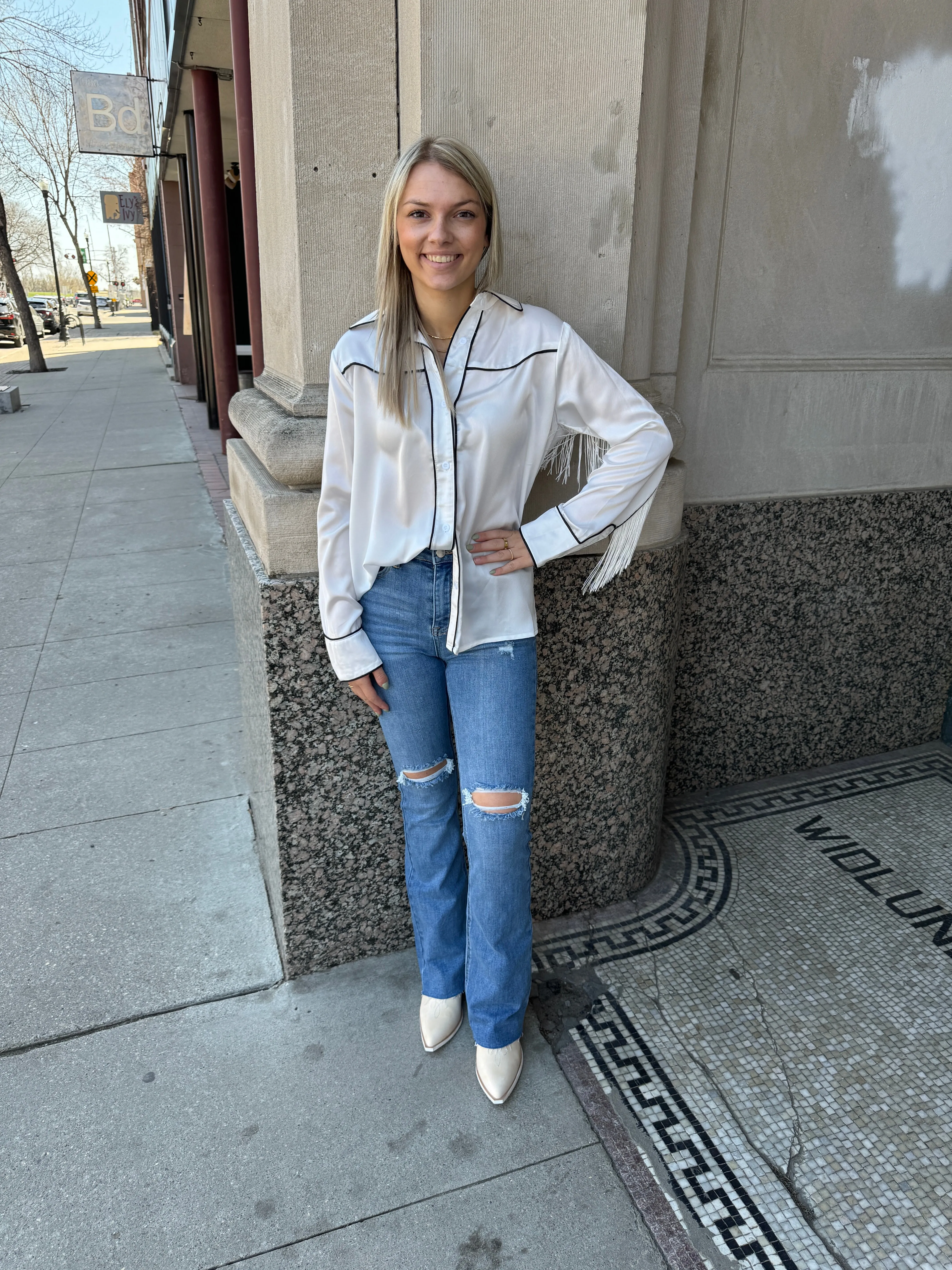 Risen Medium Wash Destructed Flare Jeans