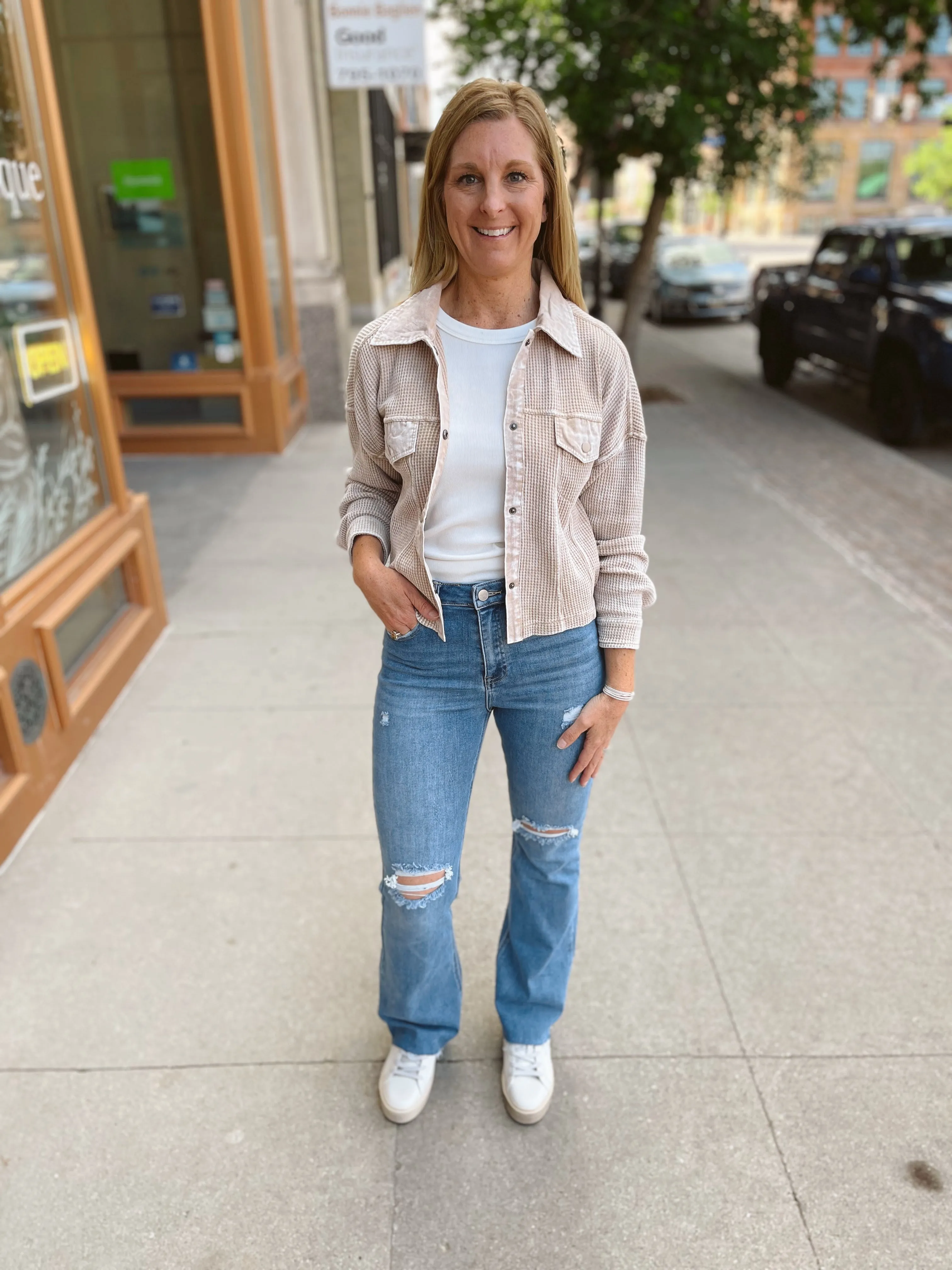 Risen Medium Wash Destructed Flare Jeans