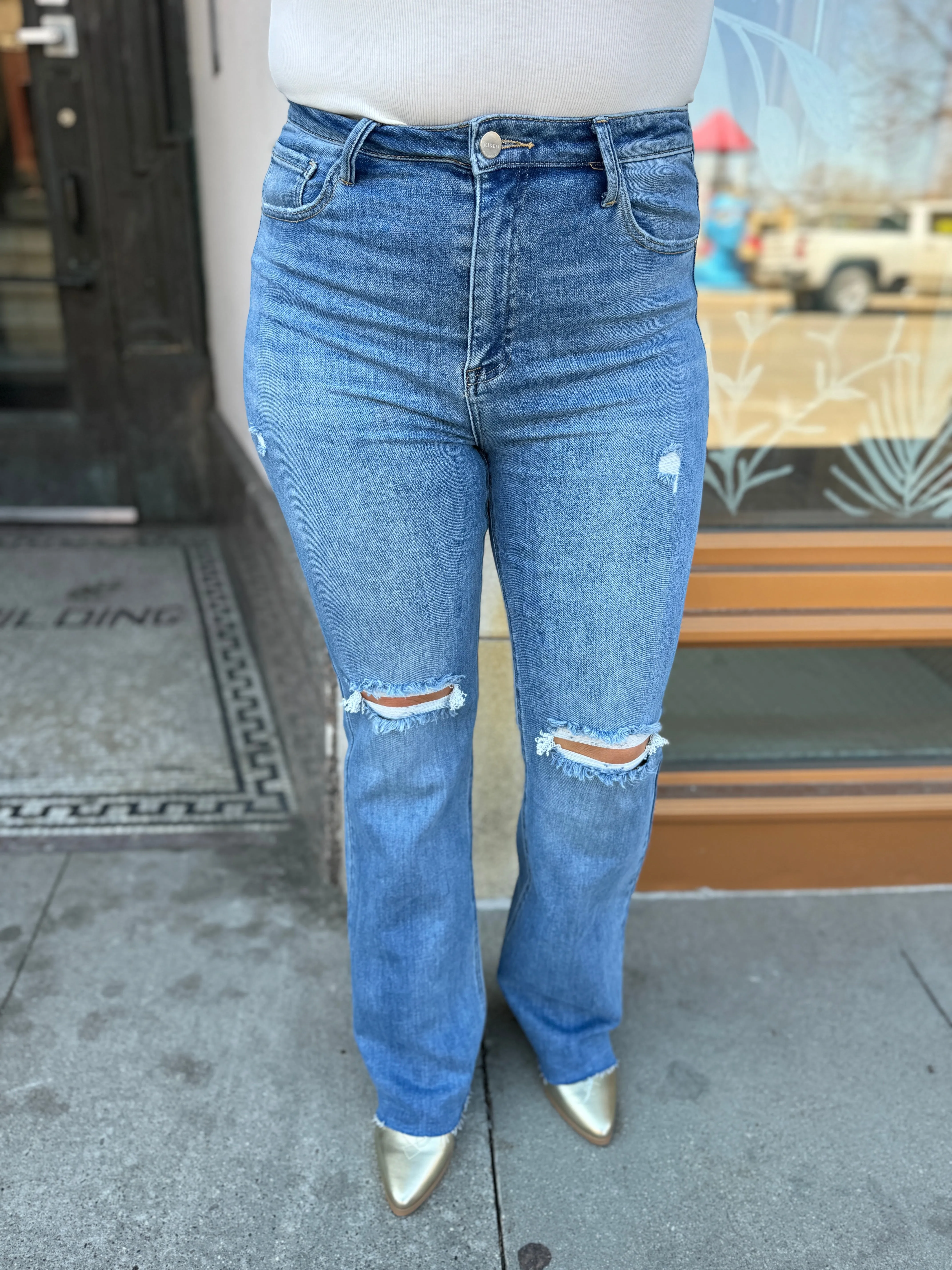 Risen Medium Wash Destructed Flare Jeans