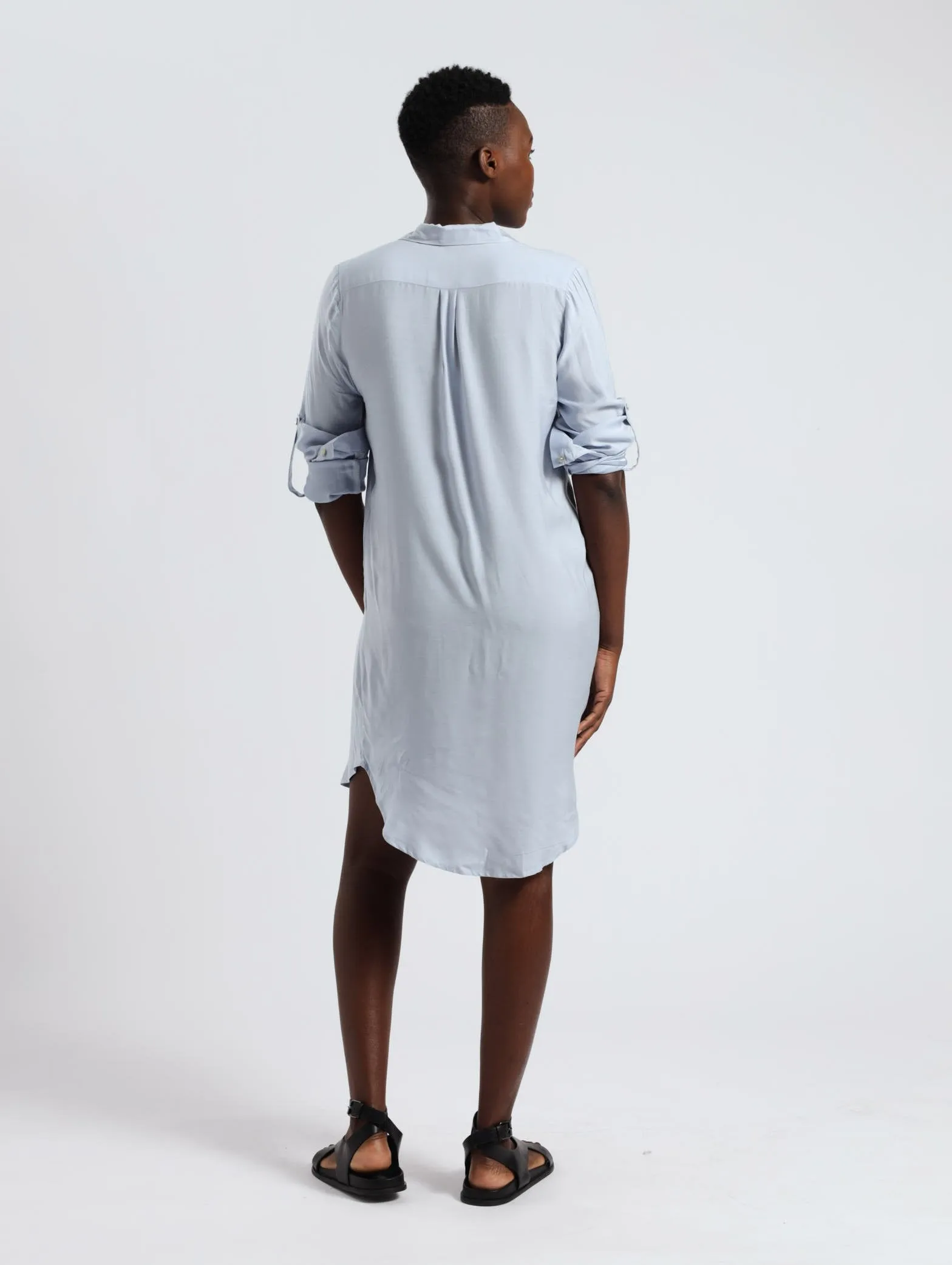 Roll Up Sleeve Blouse Dress - Blue