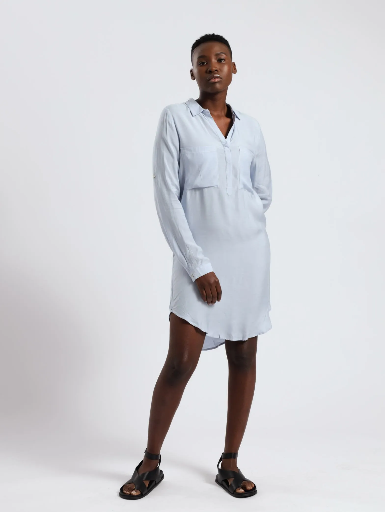 Roll Up Sleeve Blouse Dress - Blue