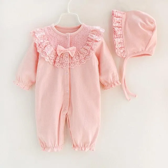 Ruffled Lace Romper & Bonnet Set