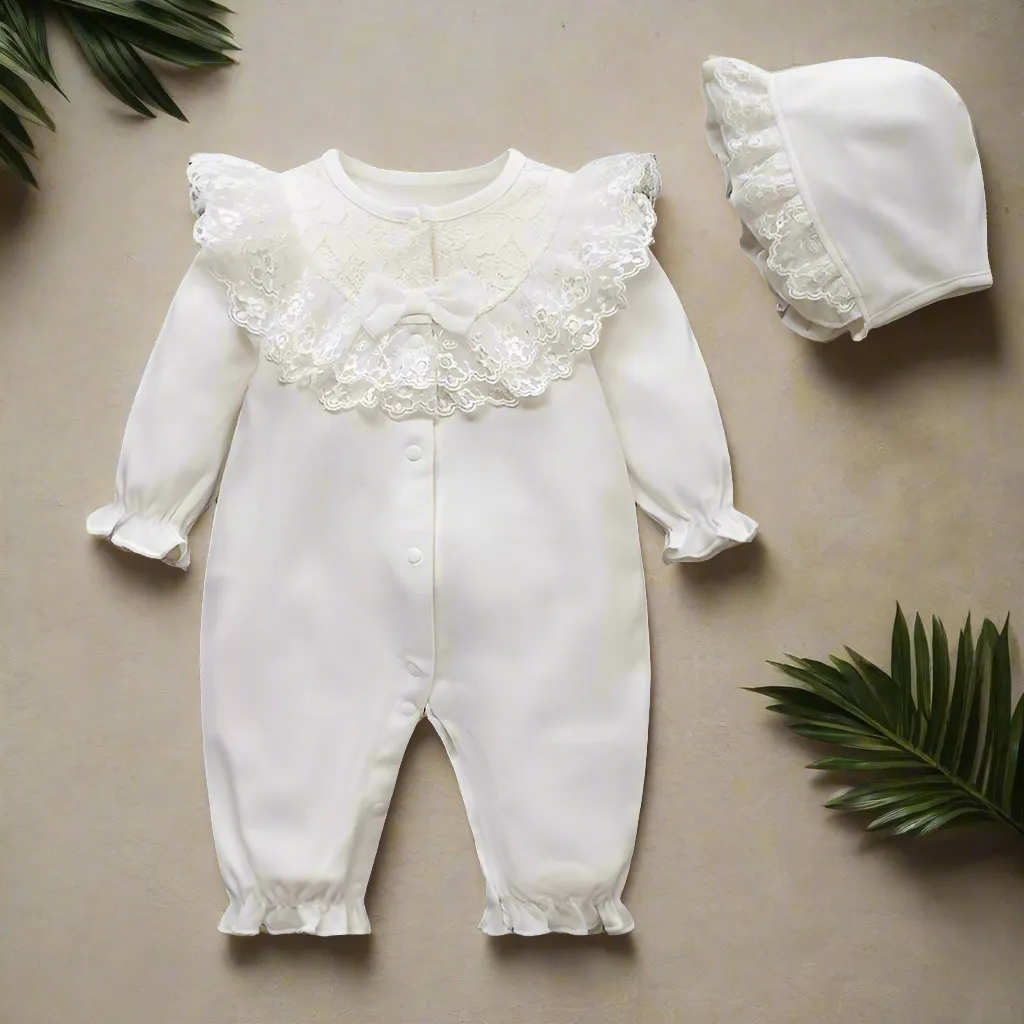 Ruffled Lace Romper & Bonnet Set