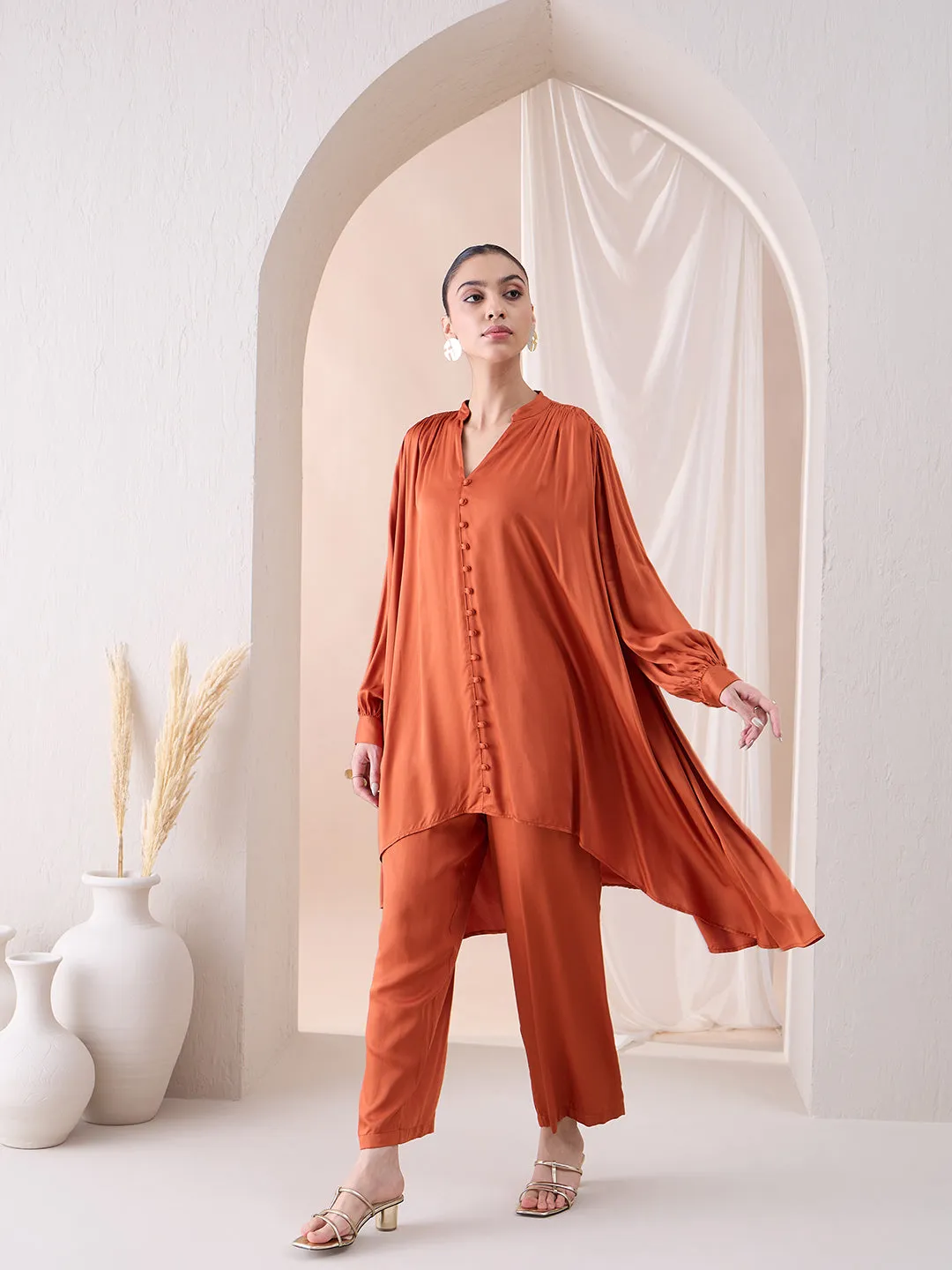 Rust High Low Tunic With Straight Pant