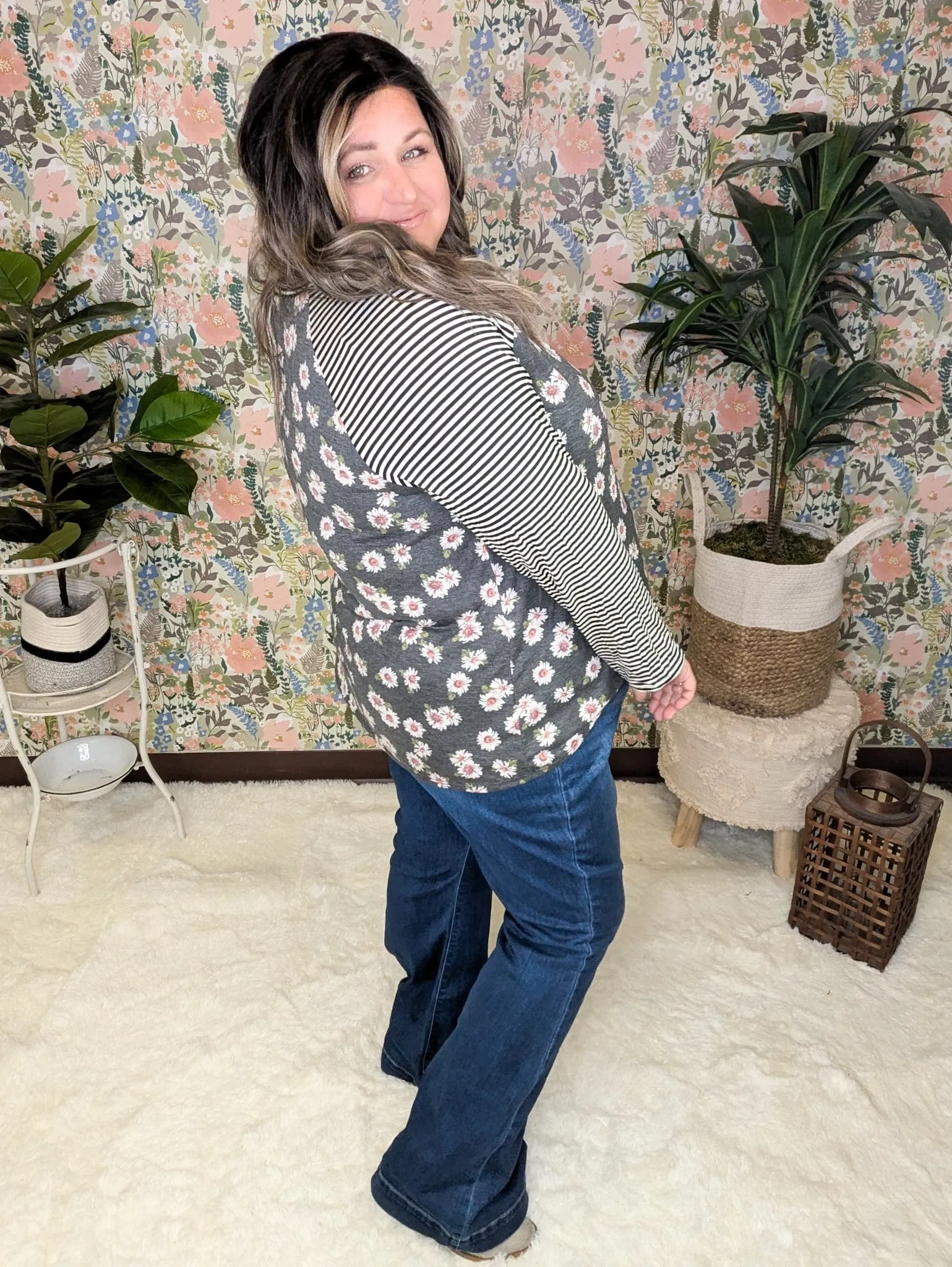 SALE- Abby Girly Baseball Tee in Charcoal Floral