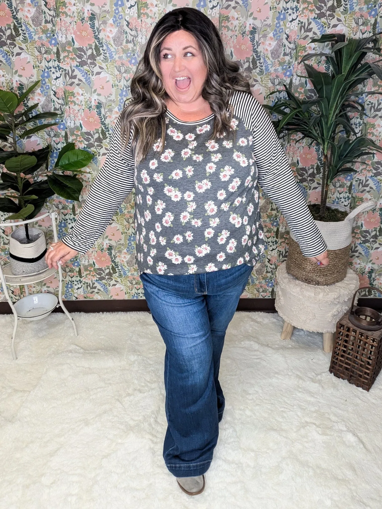 SALE- Abby Girly Baseball Tee in Charcoal Floral