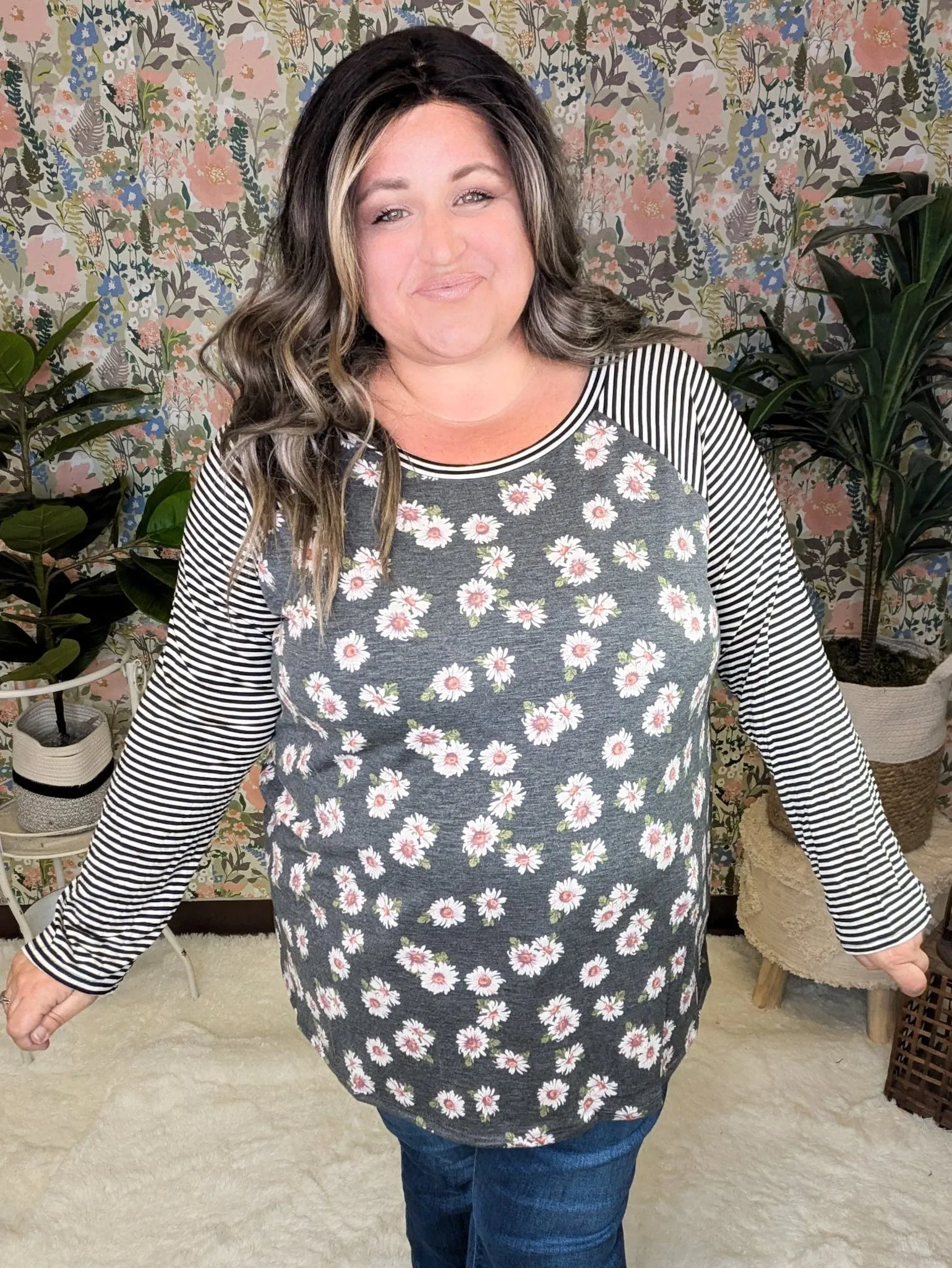 SALE- Abby Girly Baseball Tee in Charcoal Floral