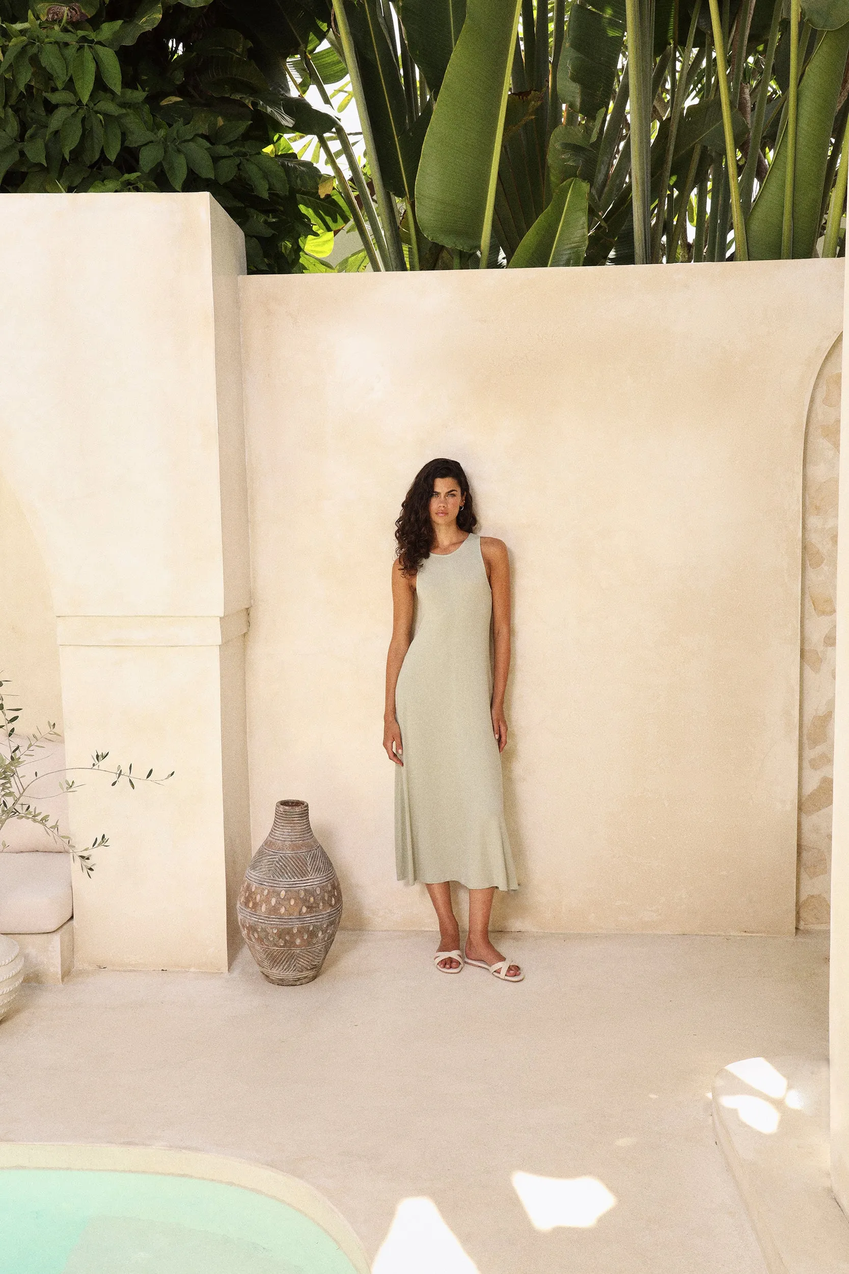Sand Skin Flounce Dress (Sage) & Sand Skin Overlay (Sage)