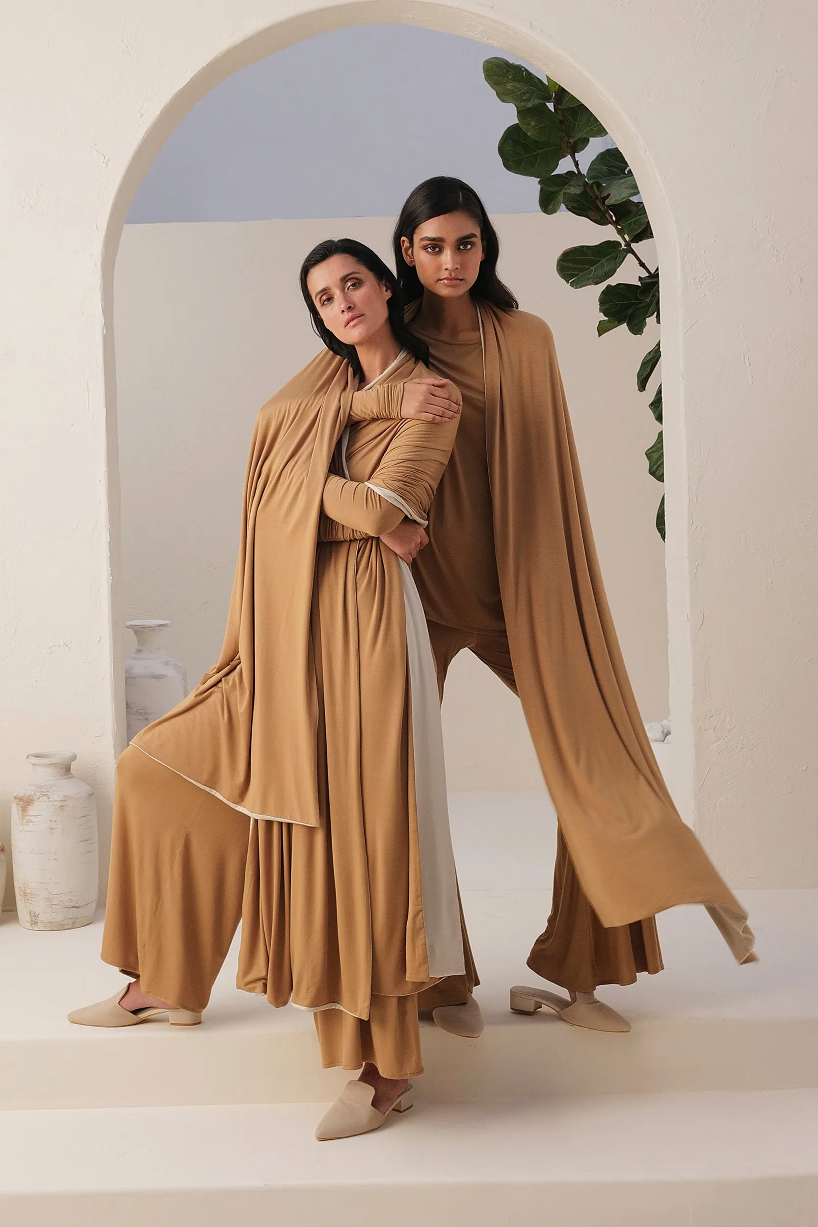 Sand Skin Sleeves Jumpsuit (Sand) & Sand Skin Reversible Shawl (Natural & Sand)