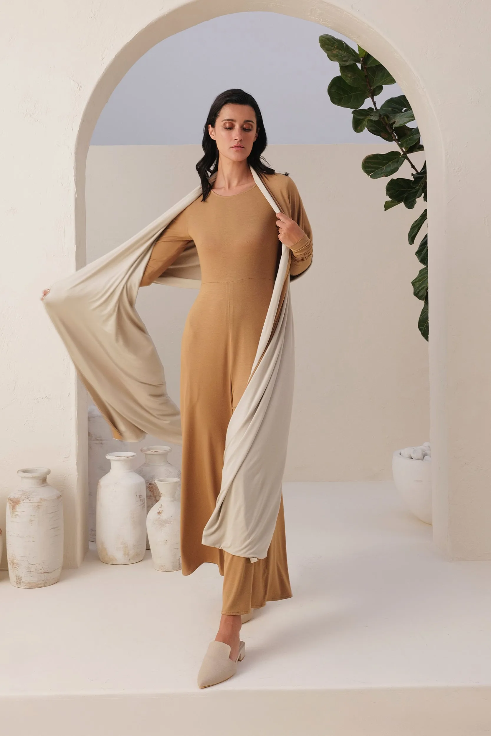 Sand Skin Sleeves Jumpsuit (Sand) & Sand Skin Reversible Shawl (Natural & Sand)
