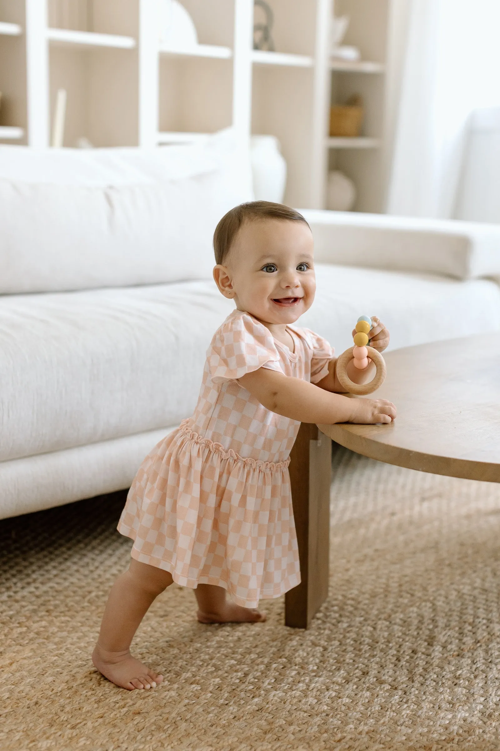 Short Sleeve Bodysuit Dress - Pink Checkerboard