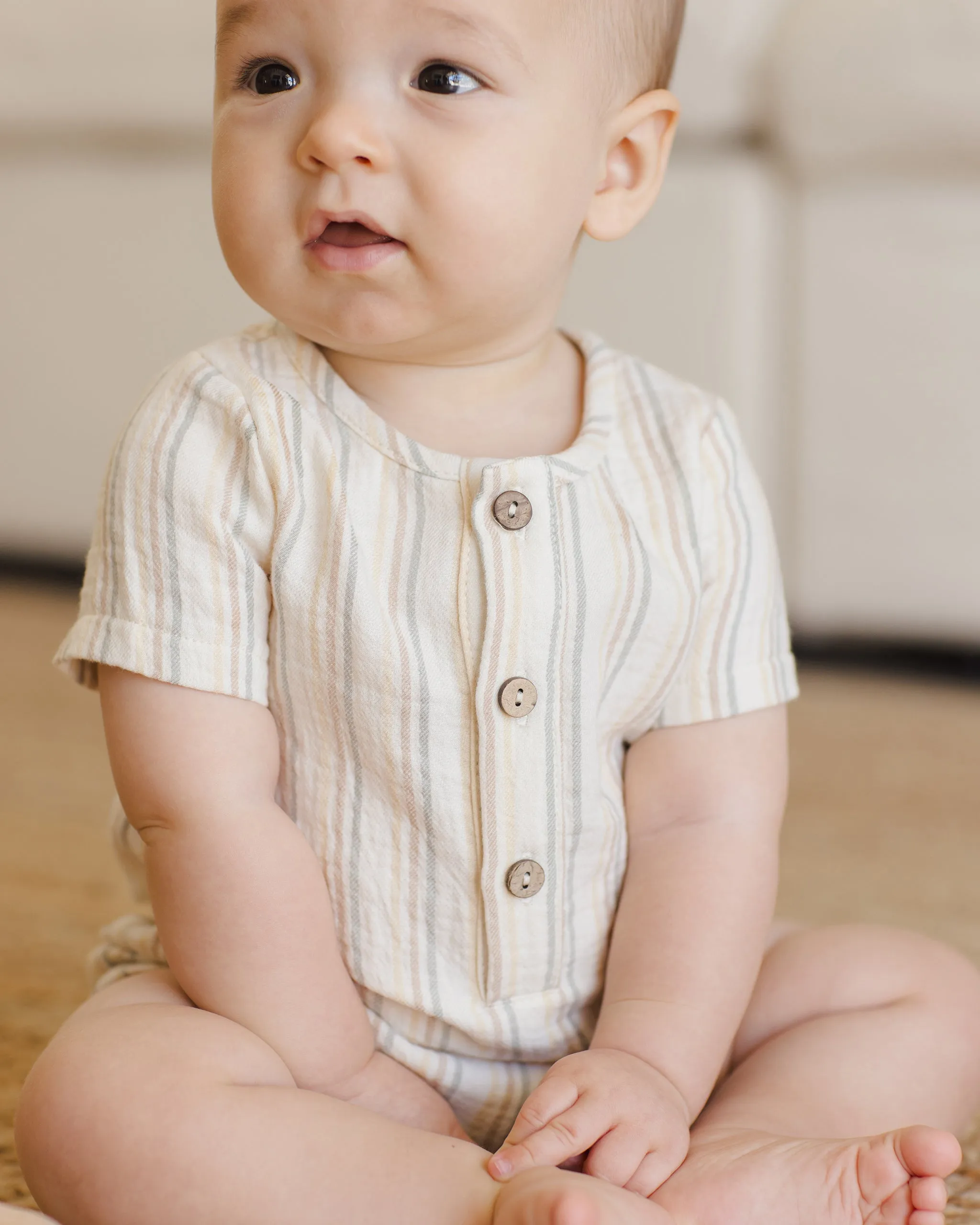 Short Sleeve Woven Romper || Summer Stripe
