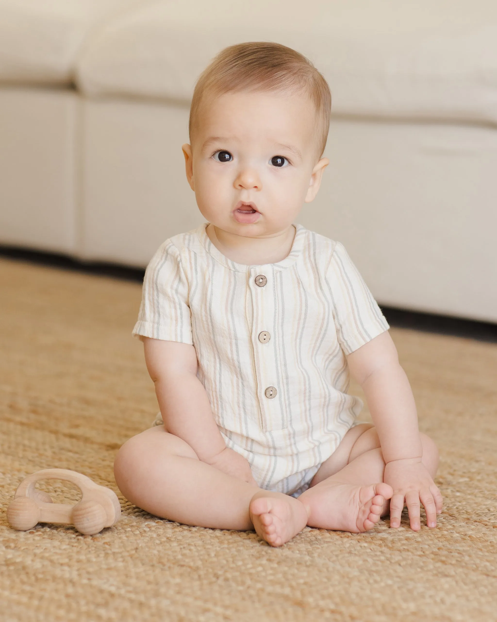 Short Sleeve Woven Romper || Summer Stripe