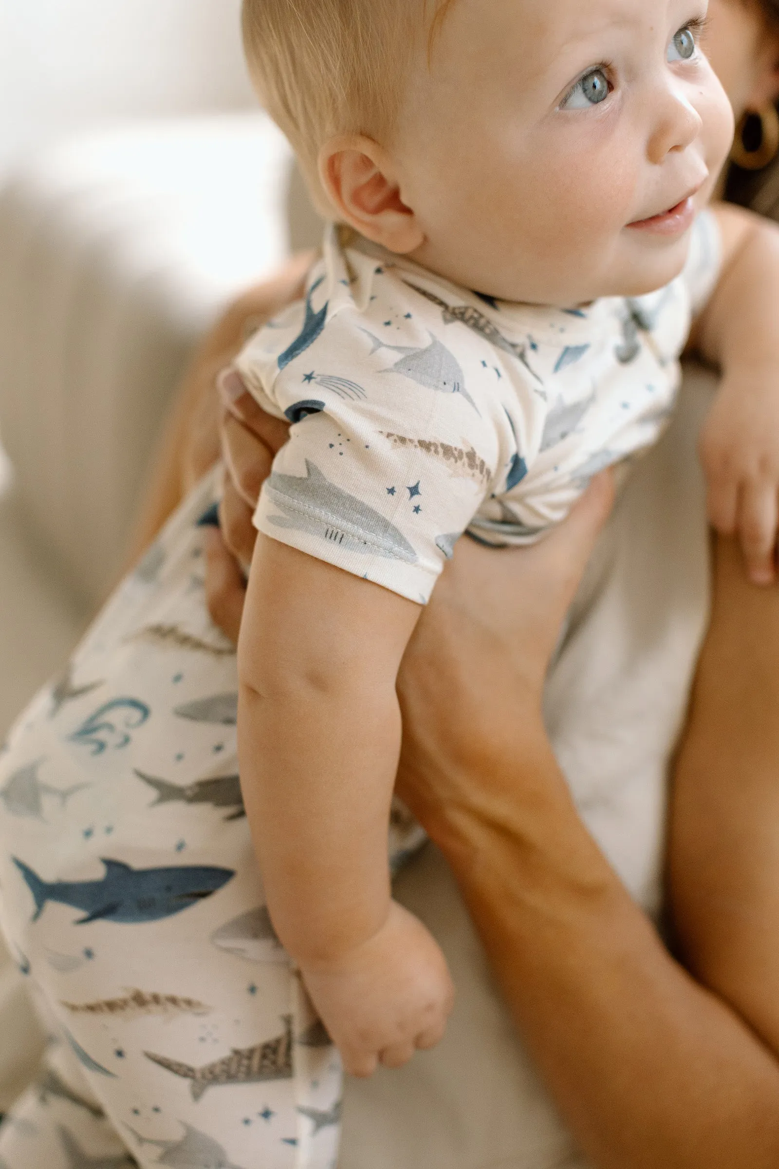 Short Sleeve Zipped Romper - Smiley Sharks