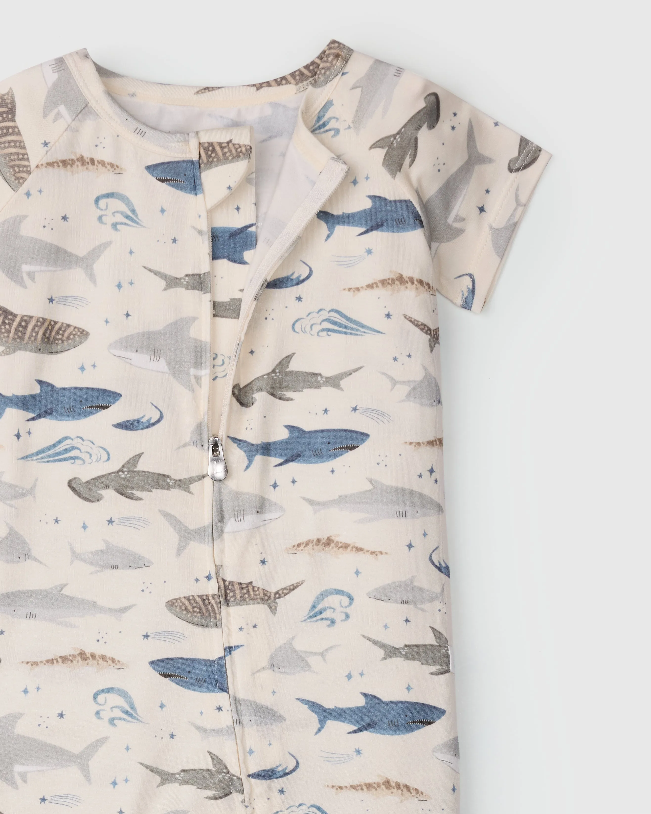 Short Sleeve Zipped Romper - Smiley Sharks