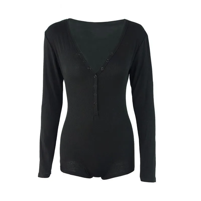 Simplee Apparel autumn winter knitted long sleeve bodysuit Deep v neck playsuit elegant women warm short jumpsuit rompers
