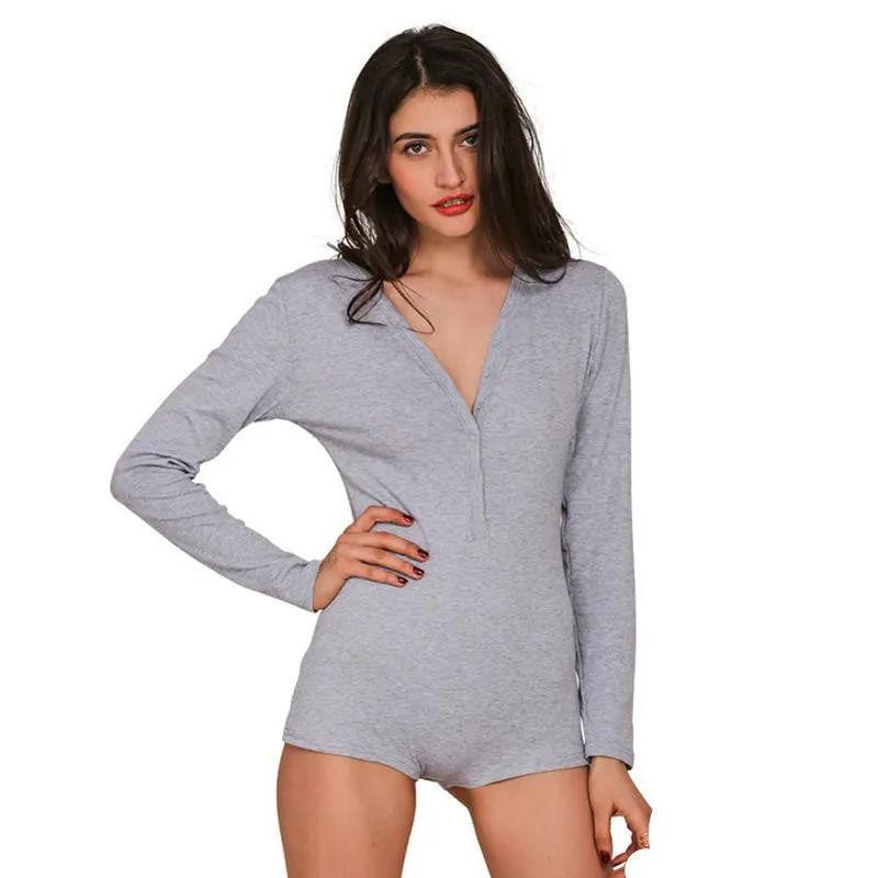 Simplee Apparel autumn winter knitted long sleeve bodysuit Deep v neck playsuit elegant women warm short jumpsuit rompers