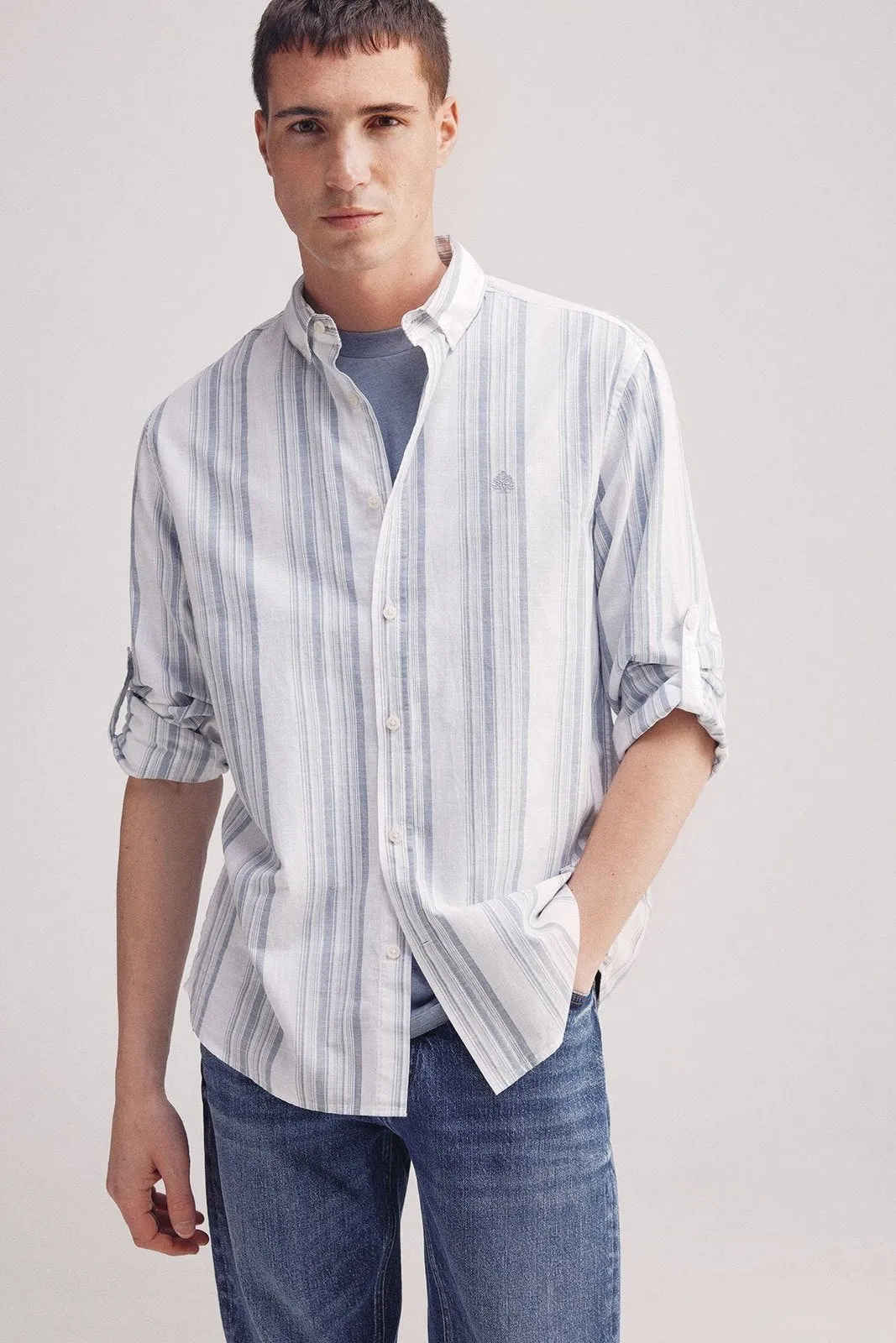 Slub Cotton Striped Shirt - Blue