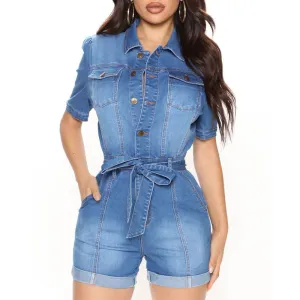 Solid Short Sleeve Button Detailed Belted Denim Romper