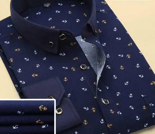 Spring Men Casual Shirts Fashion Long Sleeve Printed Button-Up Formal Business Polka Dot Floral Men Dress Shirt