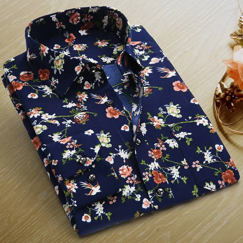 Spring Men Casual Shirts Fashion Long Sleeve Printed Button-Up Formal Business Polka Dot Floral Men Dress Shirt