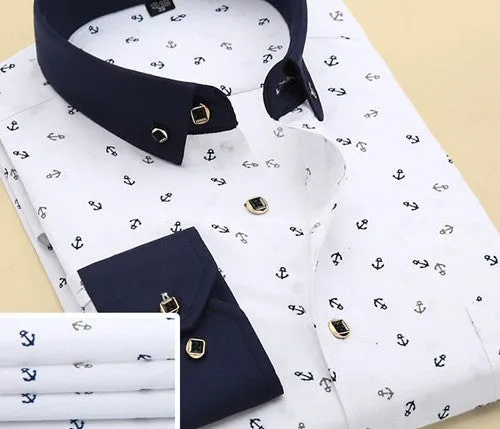 Spring Men Casual Shirts Fashion Long Sleeve Printed Button-Up Formal Business Polka Dot Floral Men Dress Shirt