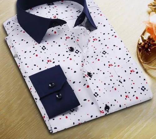 Spring Men Casual Shirts Fashion Long Sleeve Printed Button-Up Formal Business Polka Dot Floral Men Dress Shirt
